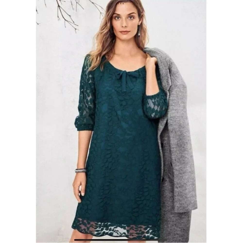 Garnet Hill Green Boheme Easy Lace Dress Tie‎ Neck Bishop Sleeve Shift Midi 10